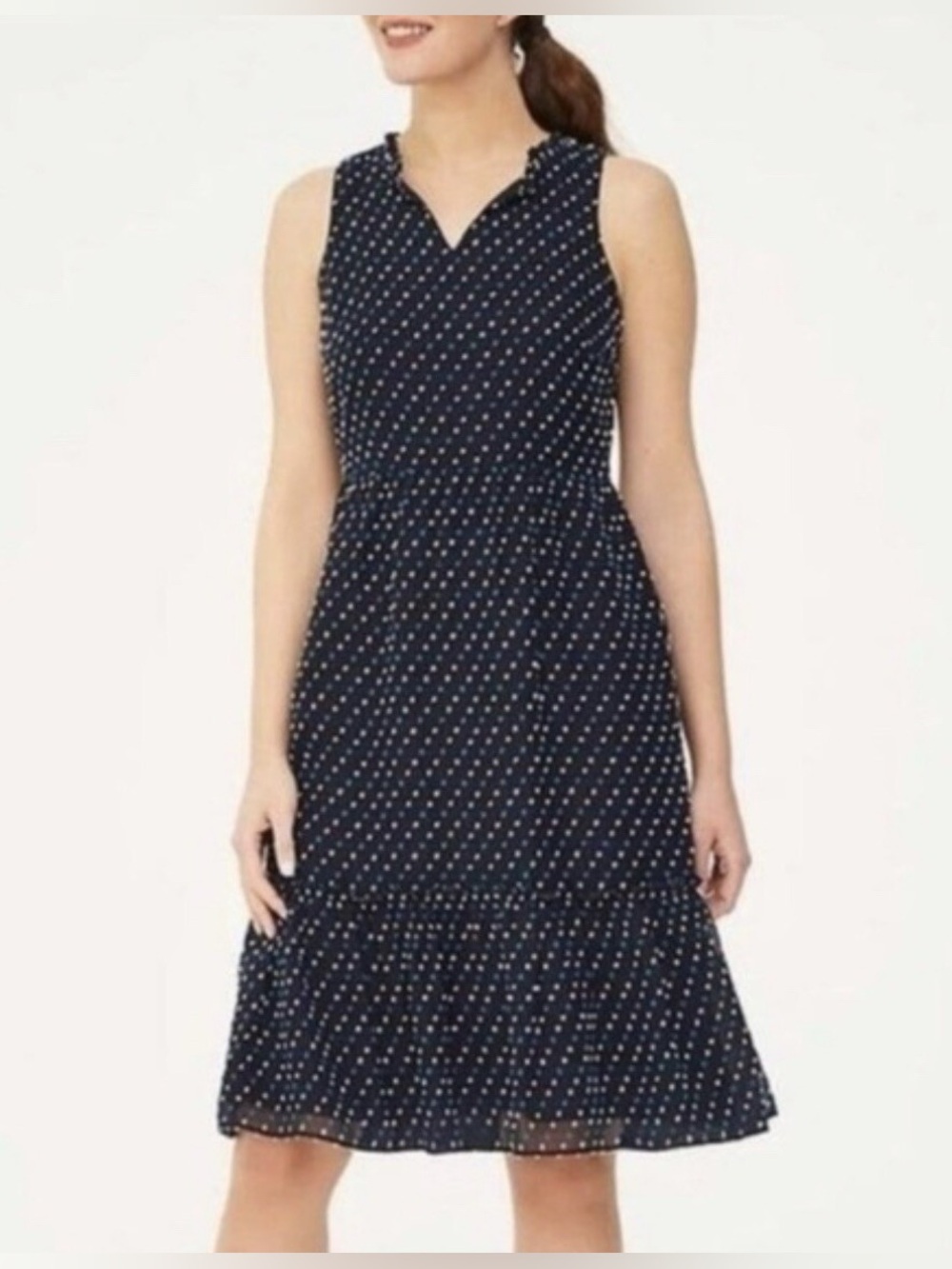 Loft Outlet Navy Blue, Sleeveless Midi Dress, White/Teal Clip Dot, Lined, Sz 12 - Picture 3 of 9